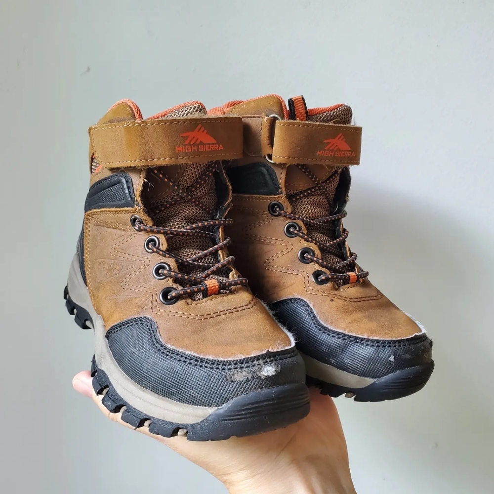 High Sierra Kids' Brown/Black/Orange Hiking Boots with Velcro Closure, size 11C